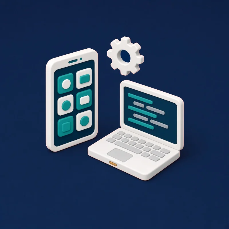 KI-generierte Illustration: Smartphone mit App-Kacheln, aufgeklappter Laptop mit Code-Zeilen und ein schwebendes Zahnrad.