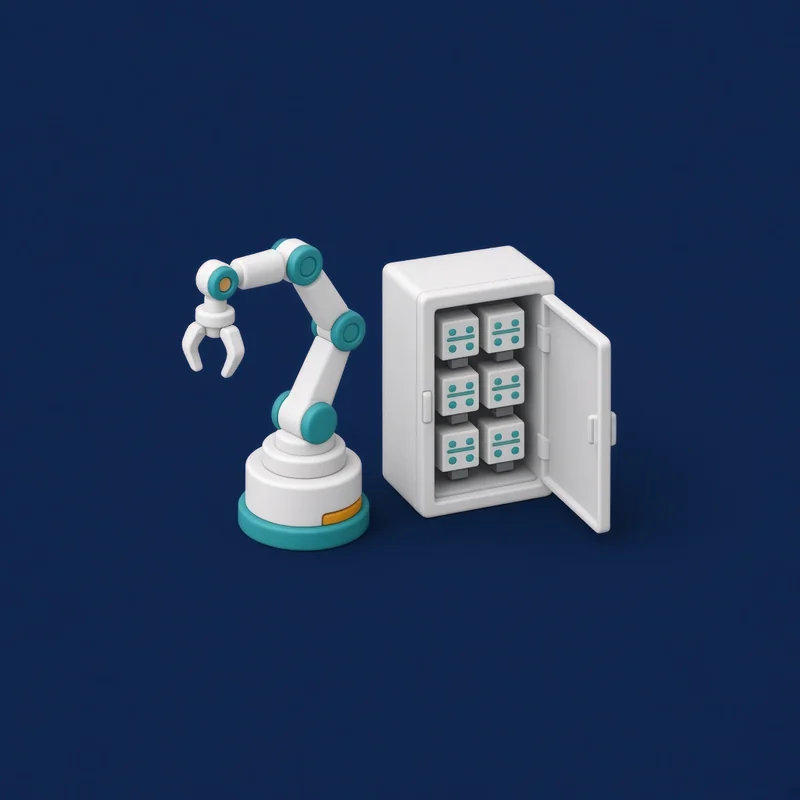 KI-generierte Illustration: Kleiner Industrieroboterarm neben einem geöffneten Schaltschrank mit Modulen.