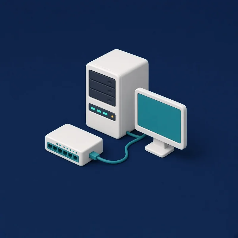 KI-generierte Illustration: Server-Tower, Monitor und Netzwerk-Switch, verbunden mit türkisen Kabeln.