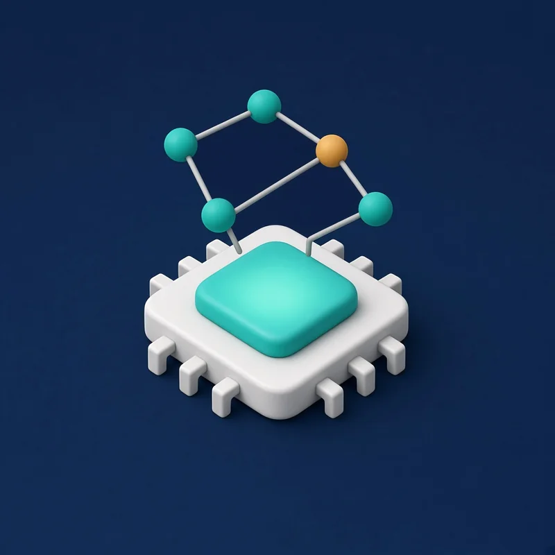 KI-generierte Illustration: Mikrochip mit leuchtendem türkisem Kern, darüber ein kleines Netz aus verbundenen Knoten.