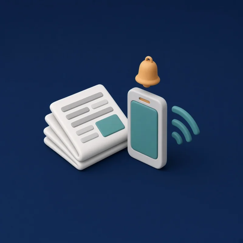 KI-generierte Illustration: Gefaltete Zeitung ohne Schrift, Smartphone mit Benachrichtigungsglocke und Funkwellen.