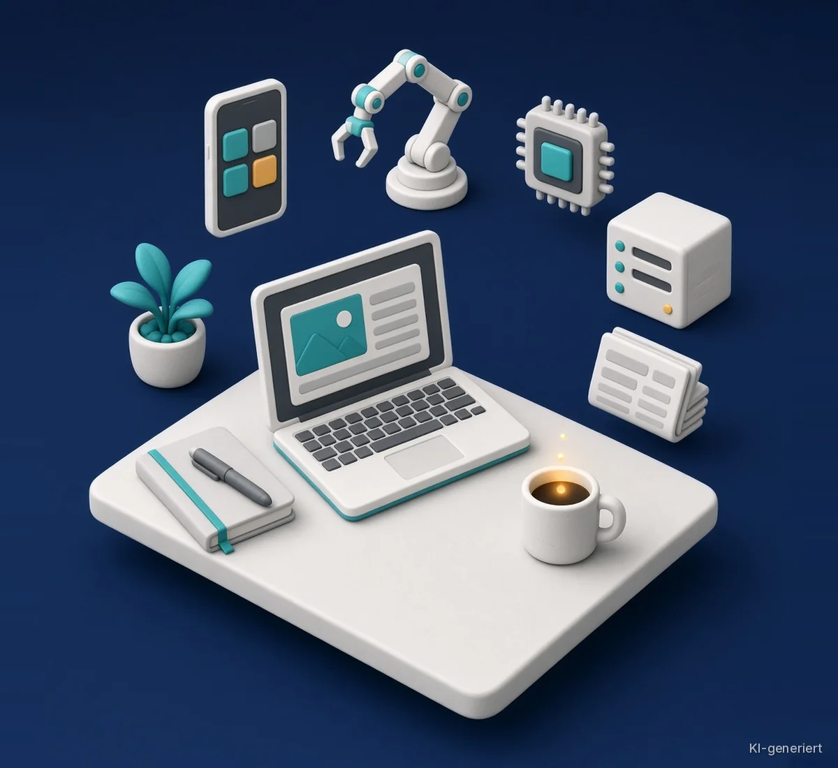 KI-generierte Illustration: Schreibtisch mit Laptop, Notizbuch und Kaffeetasse, darüber schweben Themen-Symbole: Smartphone, Roboterarm, Mikrochip, Server und Zeitung.