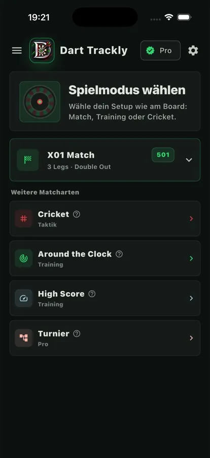 Dart Trackly Startbildschirm zur Wahl zwischen X01 Match, Cricket, Around the Clock, High Score und Turnier