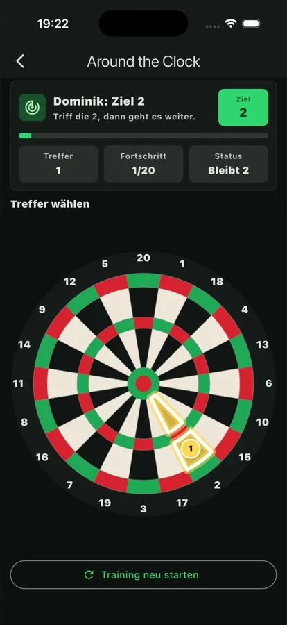 Dart Trackly Around the Clock Training mit aktuellem Ziel und markiertem Segment auf der Scheibe