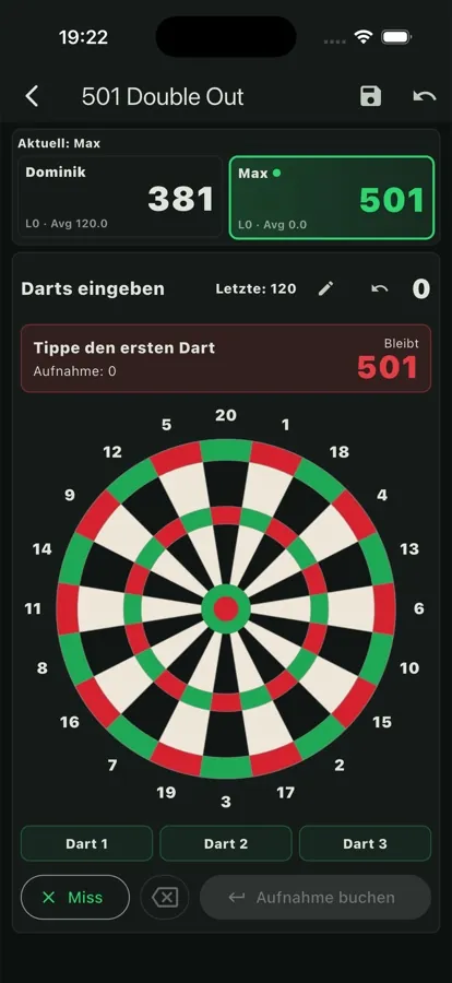 Dart Trackly beim 501 Double Out mit Restpunkten zweier Spieler und interaktiver Dartscheibe
