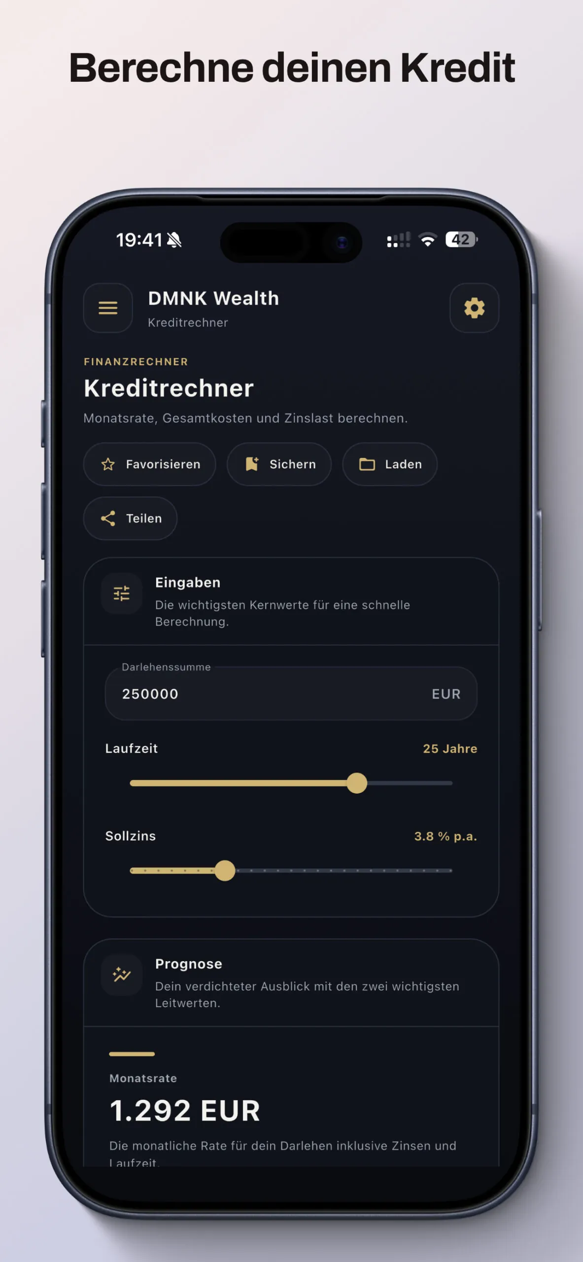 DMNK Wealth Kreditrechner mit 250.000 Euro Darlehen, 25 Jahren Laufzeit und 3,8 Prozent Sollzins