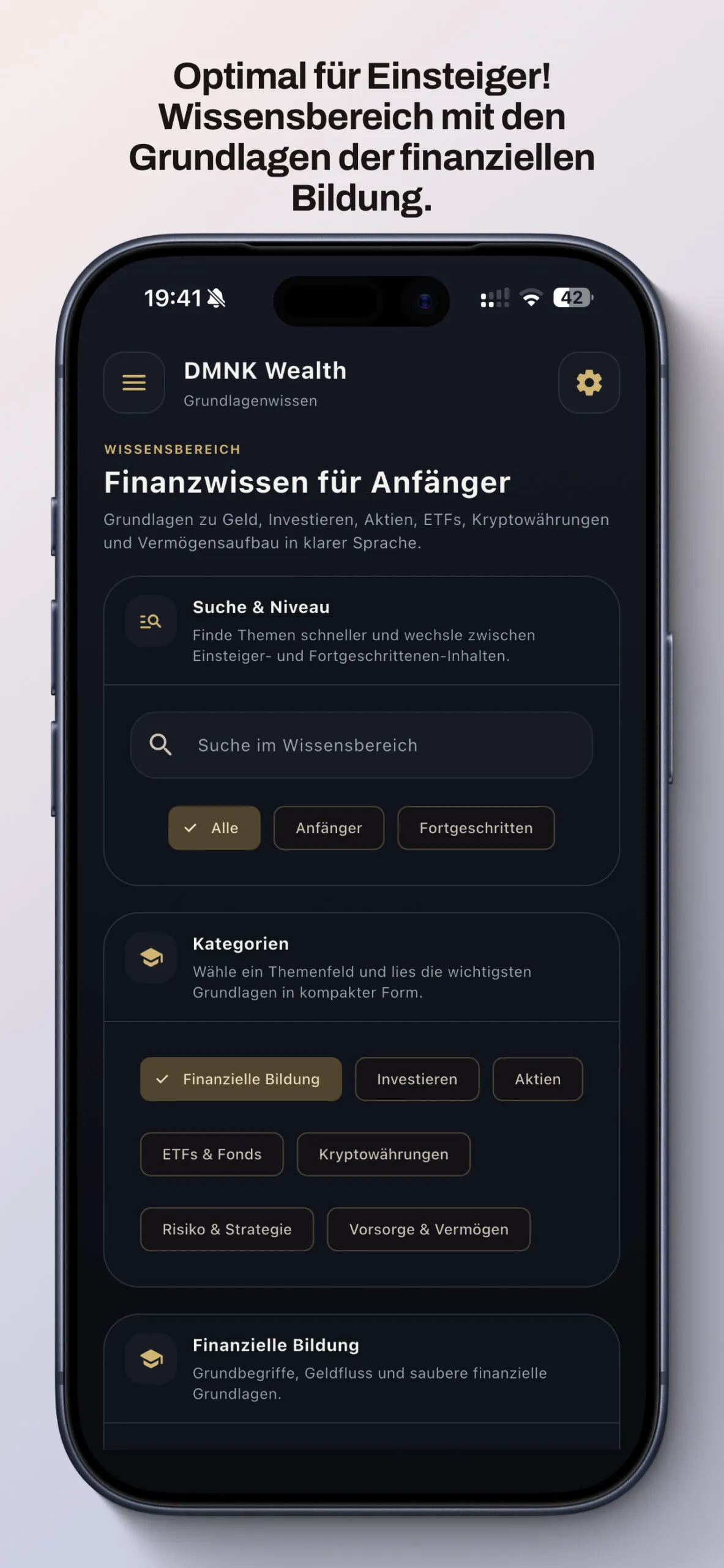 DMNK Wealth Wissensbereich mit Suche, Niveau-Auswahl und Kategorien wie ETFs und Vorsorge