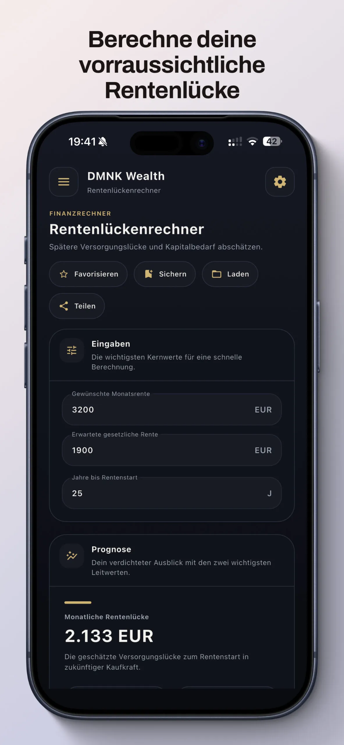 DMNK Wealth Rentenlückenrechner mit gewünschter Rente, gesetzlicher Rente und Jahren bis zum Rentenstart