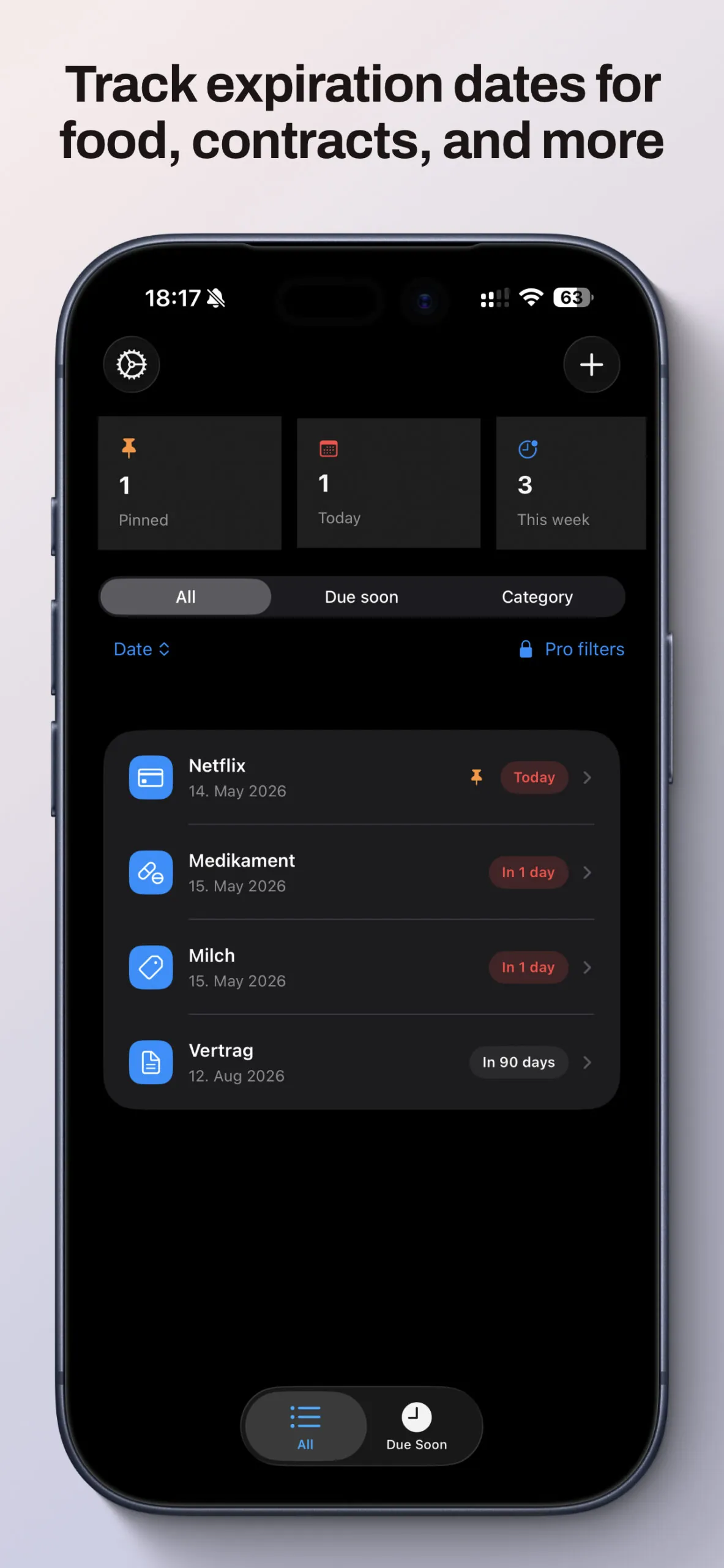 Startseite der App mit Einträgen für ein Abo, ein Medikament, Milch und einen Vertrag (frühere App-Version)
