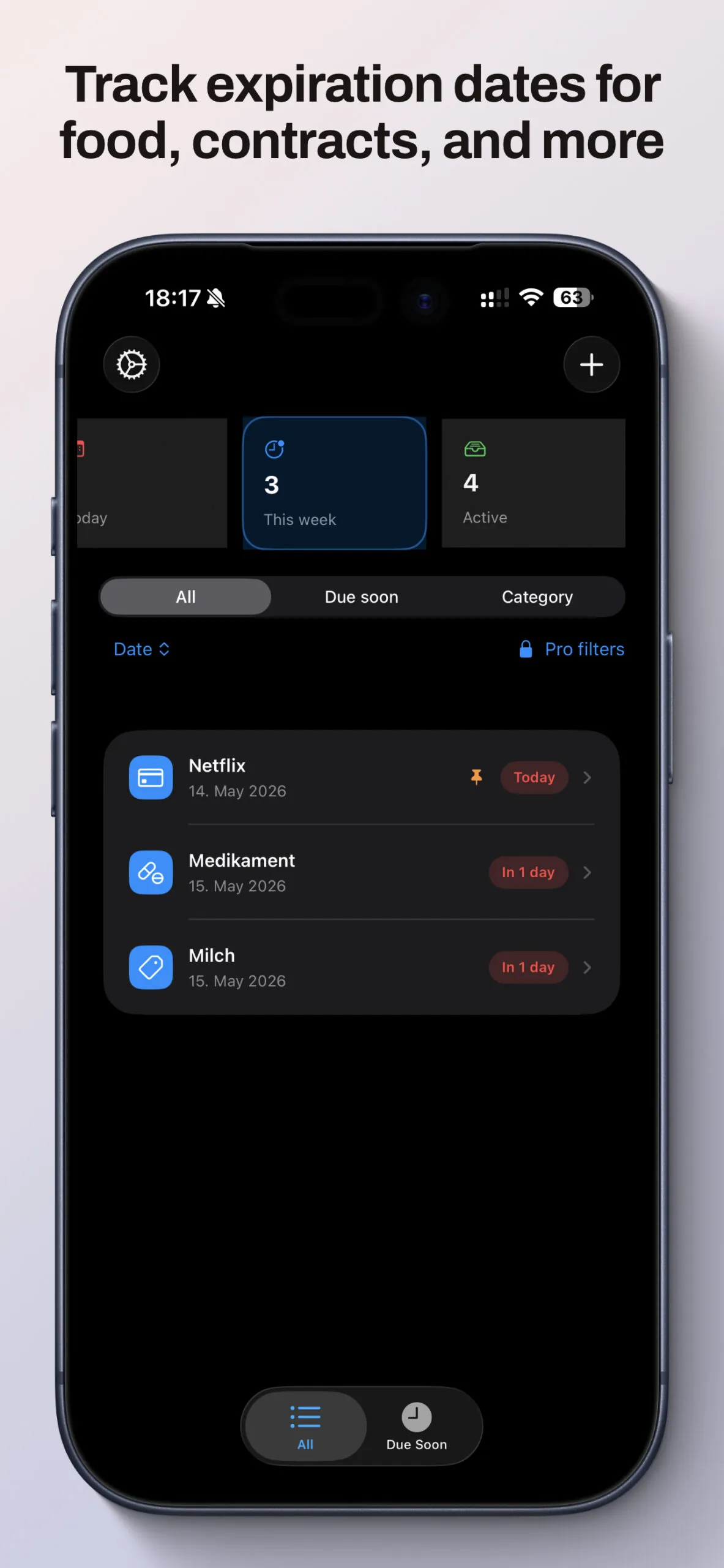 Übersicht mit Zählern für heute, diese Woche und aktive Einträge (frühere App-Version)