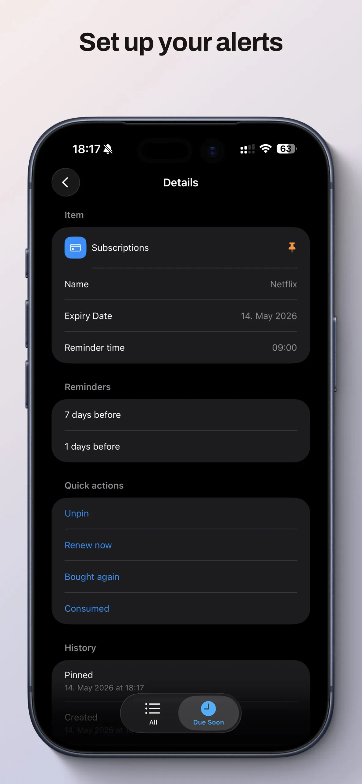 Detailansicht eines Abos mit Datum und zwei Erinnerungen (frühere App-Version)
