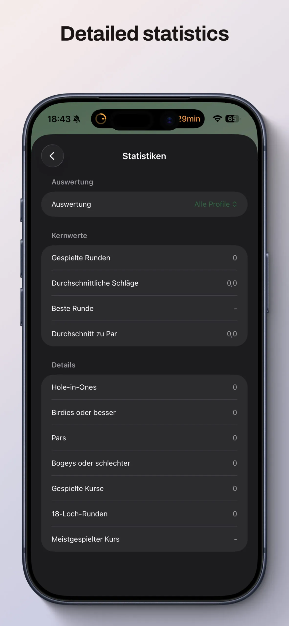 GolfTrackly-Statistikseite mit Kennzahlen wie Durchschnitt zu Par, Hole-in-Ones und Birdies