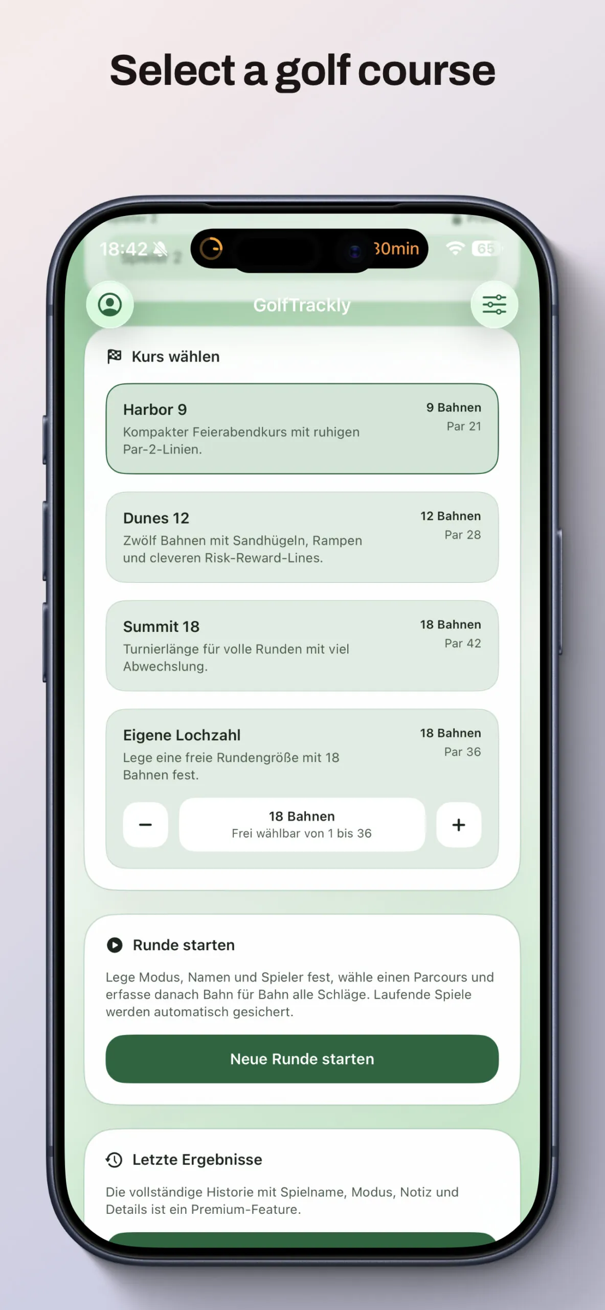 GolfTrackly-Kursauswahl mit Kursen über 9, 12 und 18 Bahnen und einer frei wählbaren Lochanzahl