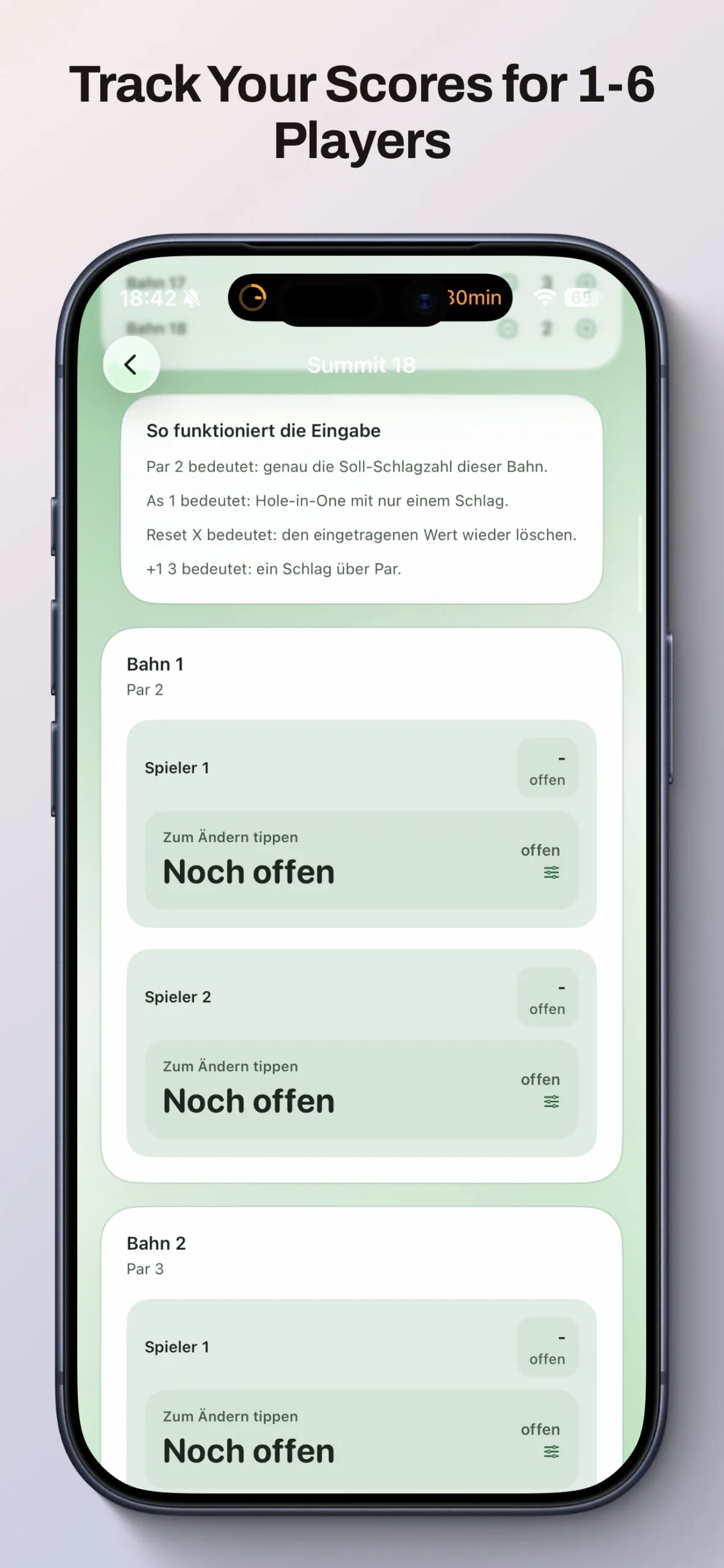 GolfTrackly-Eingabe der Schläge pro Bahn für zwei Spieler mit Erklärung der Par-Logik