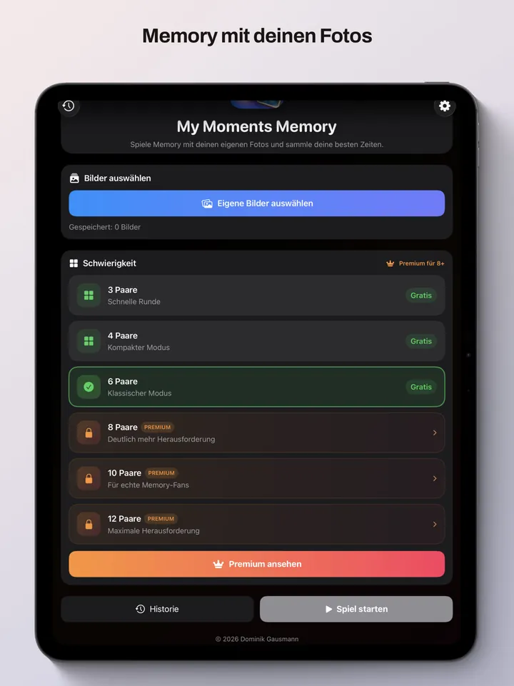 MatchMoments auf dem iPad mit Bildauswahl und Schwierigkeitsstufen von 3 bis 12 Paaren
