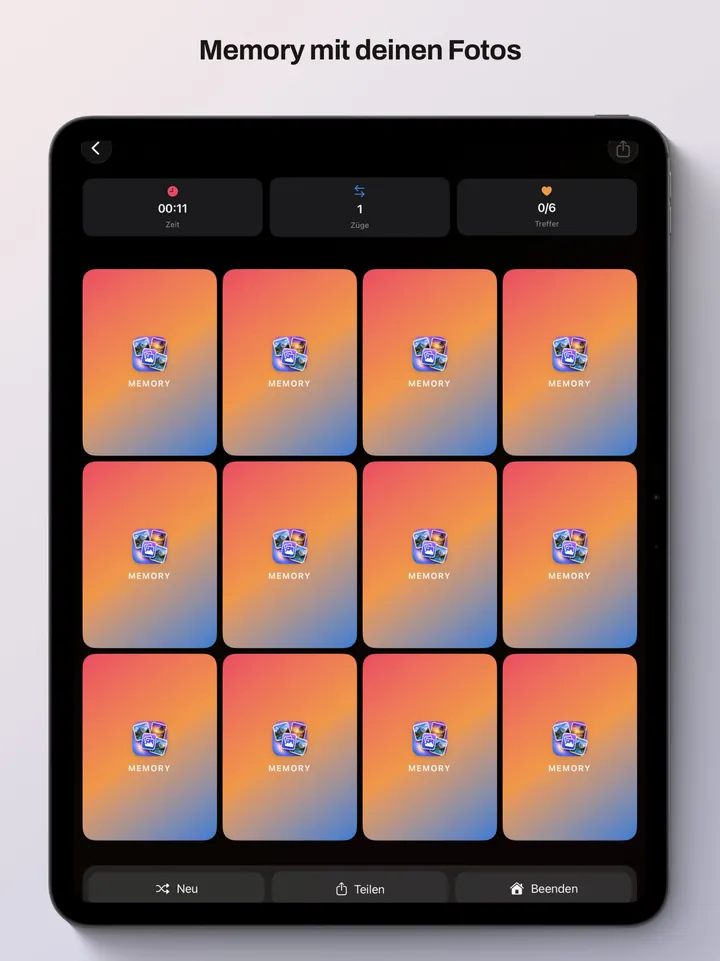 MatchMoments-Spielfeld auf dem iPad mit zwölf verdeckten Karten im Querformat