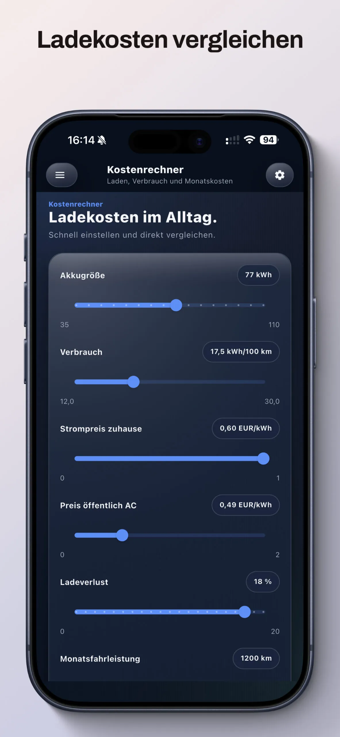 StromStart Kostenrechner mit Akkugröße, Verbrauch, Strompreisen, Ladeverlust und Monatsfahrleistung