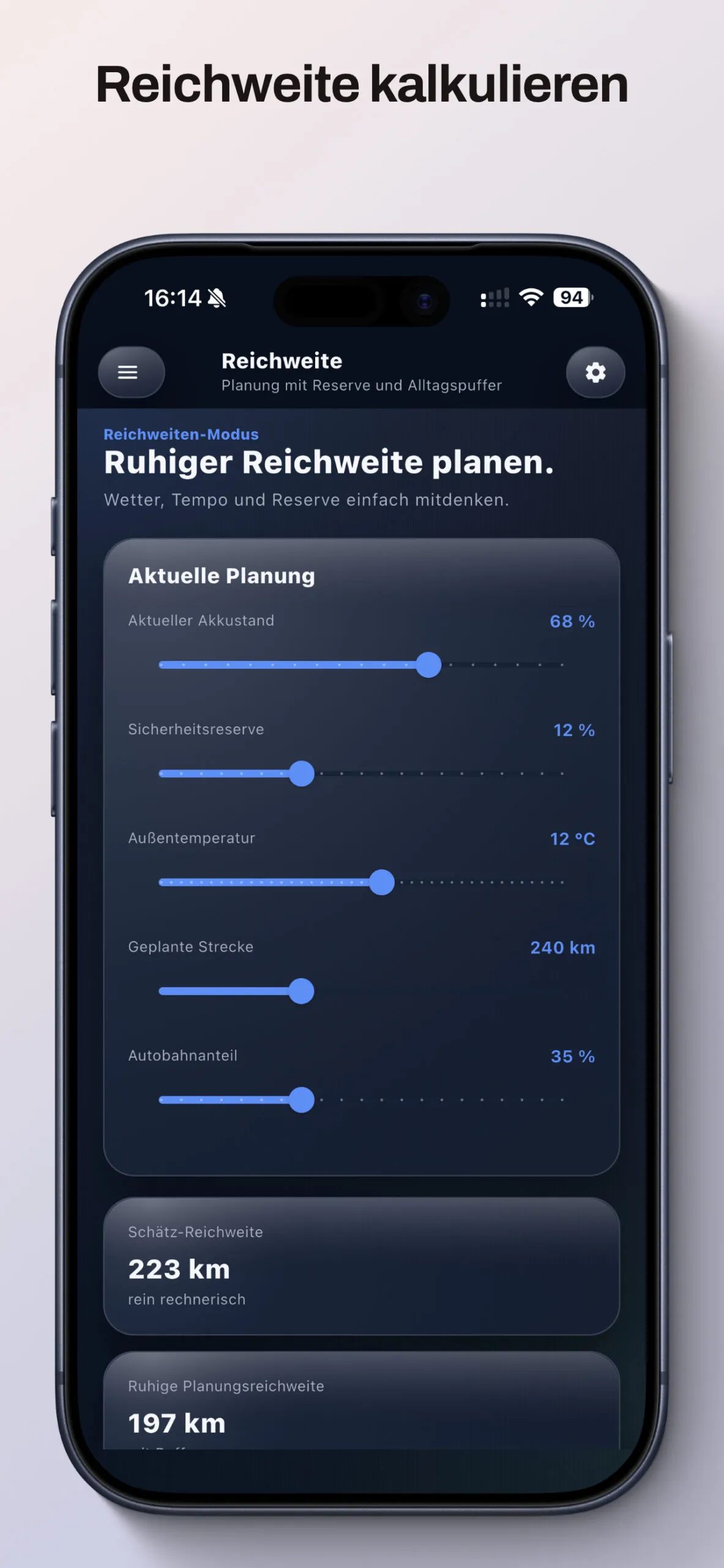 StromStart Reichweiten-Modus mit Akkustand, Reserve, Temperatur, Strecke und Autobahnanteil