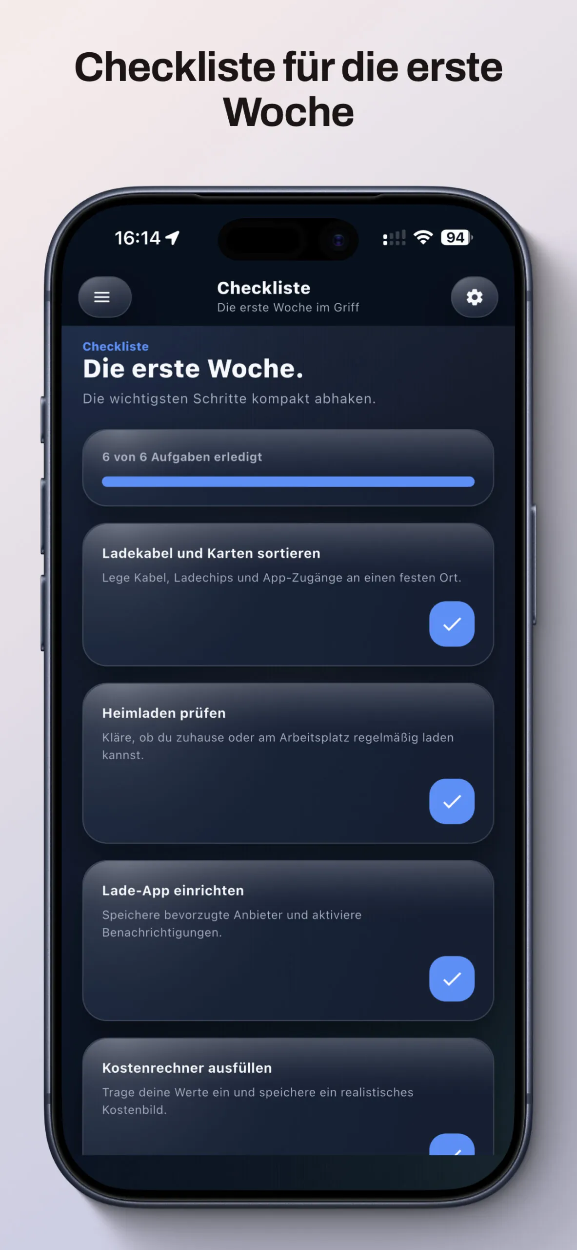 StromStart Checkliste für die erste Woche mit sechs erledigten Aufgaben