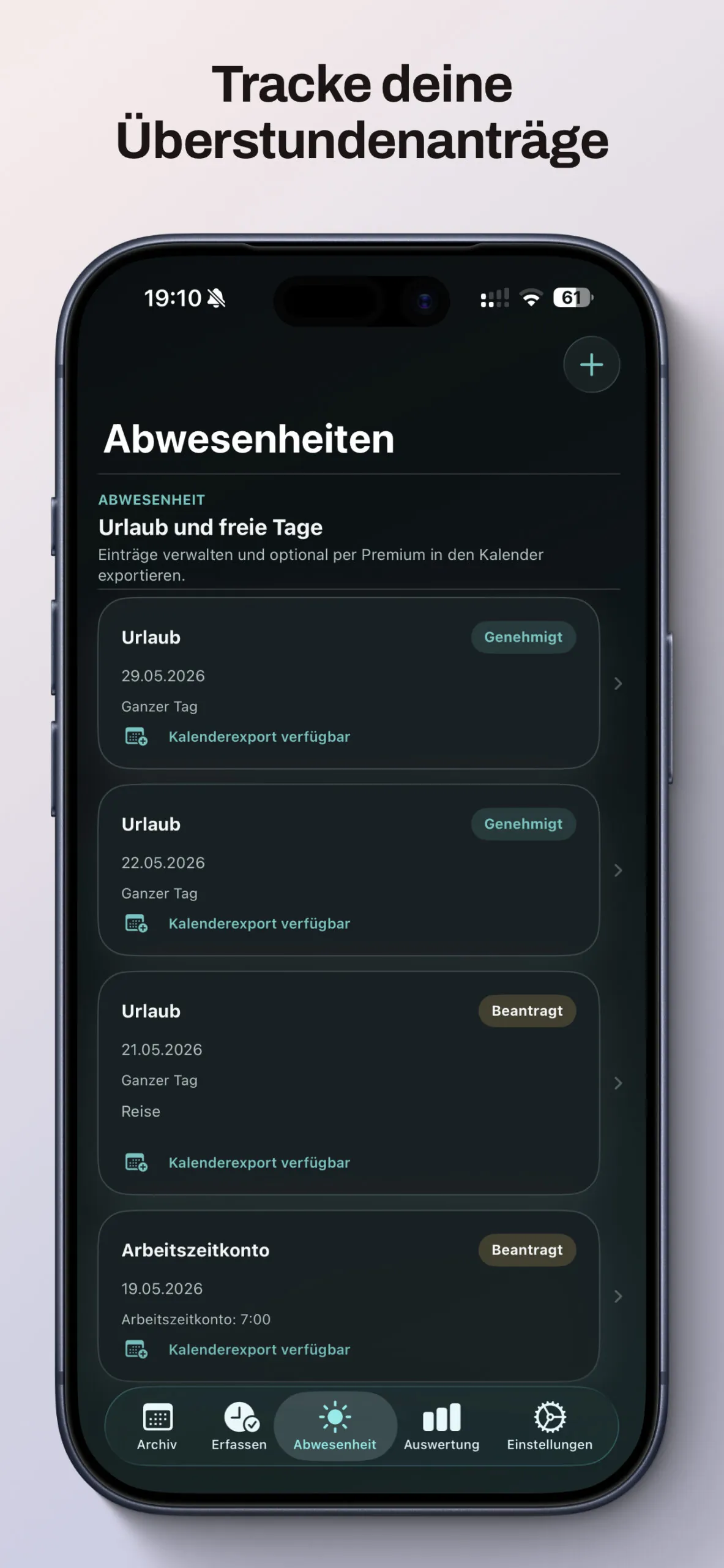 Stundenarchiv-Abwesenheiten mit Urlaubseinträgen im Status genehmigt und beantragt