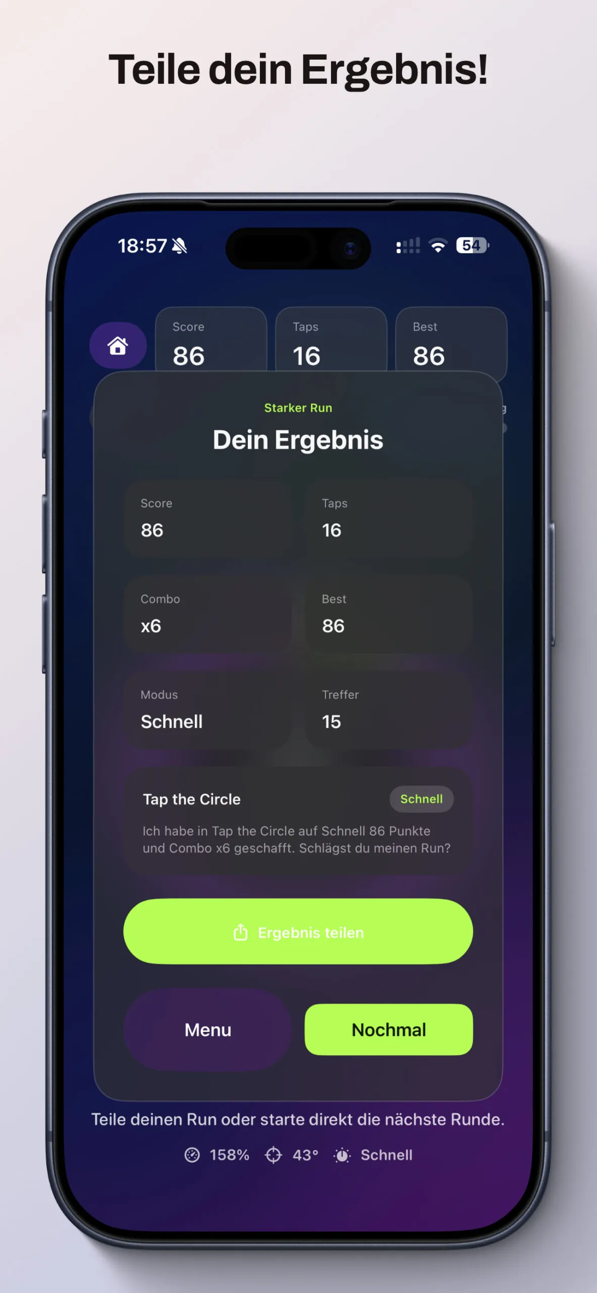 Tap the Circle Ergebnisbildschirm mit Score 86, Combo x6 und Button zum Teilen