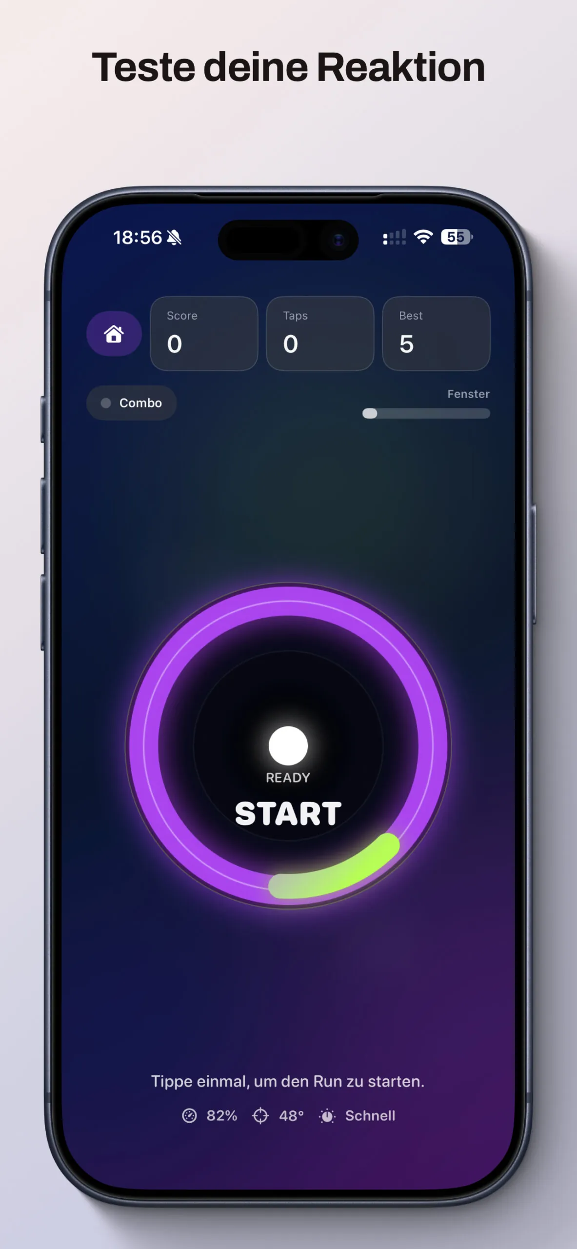 Tap the Circle Startbildschirm mit Ready-Anzeige im Kreis vor dem ersten Tippen