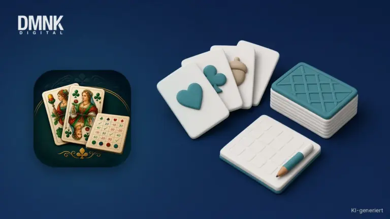 KI-generierte Illustration mit App-Icon: App-Icon von DokoBlock auf dunkelblauem Hintergrund, daneben aufgefächerte Spielkarten mit Herz-, Kreuz- und Eichel-Symbol, ein verdeckter Kartenstapel und ein Punkteblock mit Stift im weichen 3D-Stil.