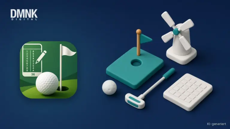 KI-generierte Illustration mit App-Icon: App-Icon von GolfTrackly auf dunkelblauem Hintergrund, daneben eine Minigolf-Bahn mit Loch und Fahne, ein Golfball, ein Putter, eine kleine Windmühle und eine leere Scorekarte im weichen 3D-Stil.