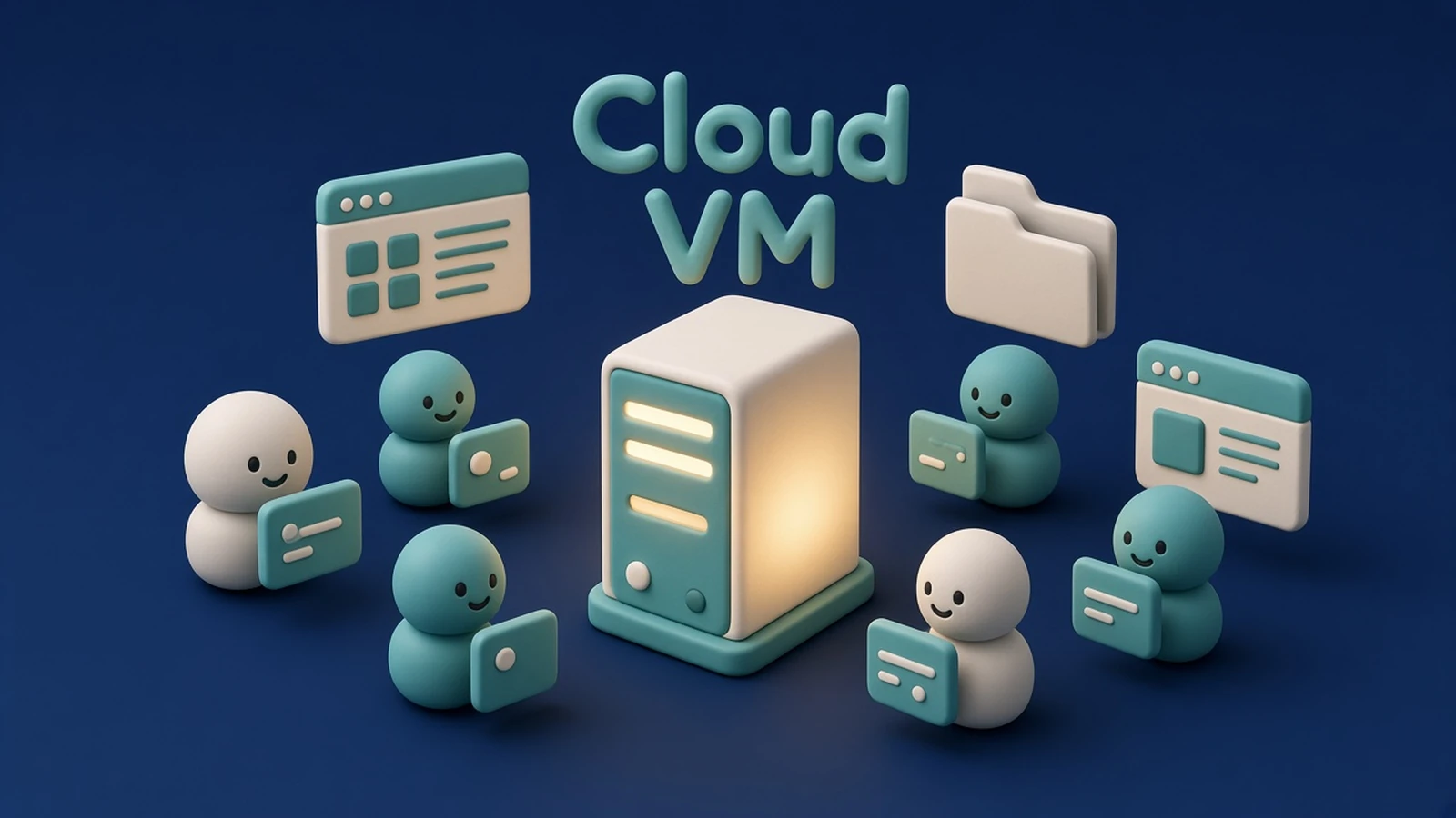 KI-generierte Illustration: Ein zentraler Cloud-Server bzw. eine VM mit Browser-, Datei- und Fenster-Symbolen; mehrere kleine Bot-Avatare mit eigenen Bildschirmen teilen sich denselben Computer.