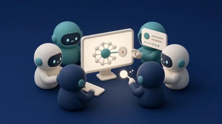 KI-generierte Illustration: Mehrere freundliche abstrakte 3D-Clay-Bot-Avatare arbeiten parallel um einen gemeinsamen leuchtenden Desktop-Arbeitsplatz vor dunklem Navy-Hintergrund.