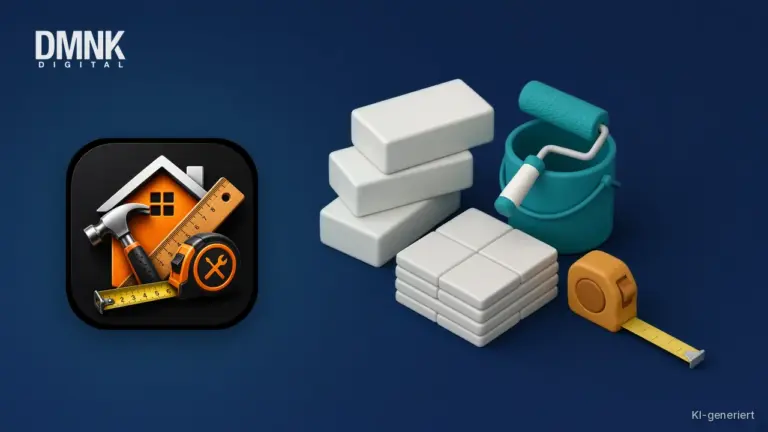 KI-generierte Illustration mit App-Icon: App-Icon der Heimwerker Toolbox auf dunkelblauem Hintergrund, daneben gestapelte Ziegel, Fliesen, ein Farbeimer mit Farbroller und ein Maßband im weichen 3D-Stil.