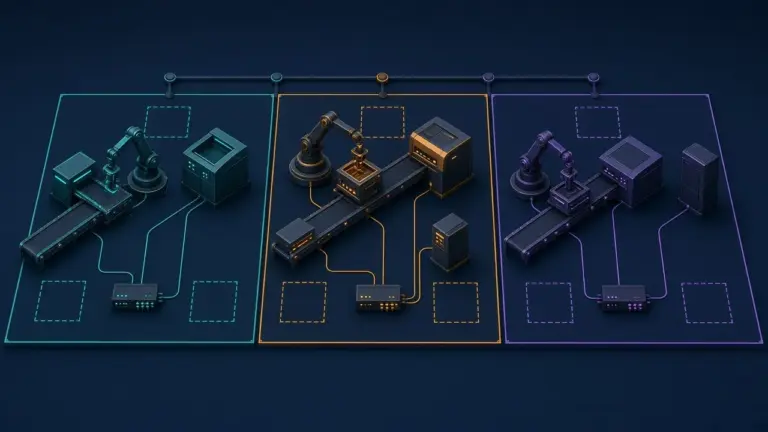 Illustration: Produktionslinie mit Förderband, Robotern und Maschinen, aufgeteilt in drei farbig abgegrenzte Netzzonen mit eigenem Switch und freien Reserveplätzen – Symbol für einen IP-Adressplan