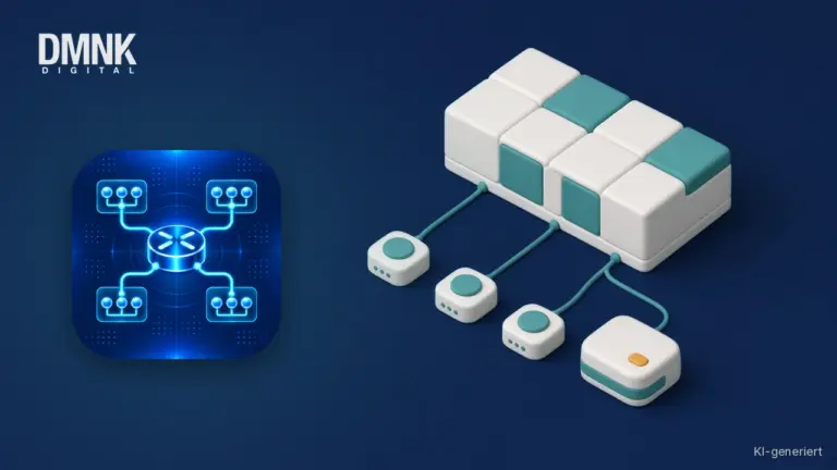 KI-generierte Illustration mit App-Icon: App-Icon des OT Subnet Calculator auf dunkelblauem Hintergrund, daneben ein in unterschiedlich große Segmente geteilter Block, verbunden mit kleinen Netzwerkgeräten und einem Router, im weichen 3D-Stil.