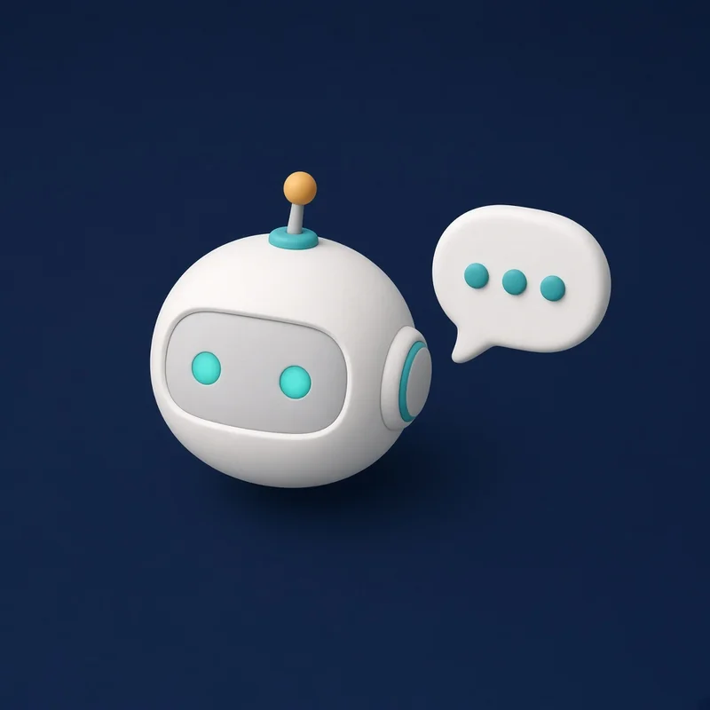 KI-generierte Illustration: Freundlicher runder Roboterkopf mit türkis leuchtenden Augen neben einer Sprechblase mit drei Punkten – Symbol für Beratung zu Chatbots und KI.