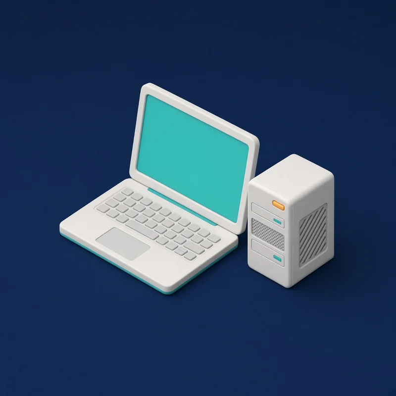 KI-generierte Illustration: Aufgeklappter Laptop mit türkisem Bildschirm neben einem kleinen PC-Tower auf dunkelblauem Hintergrund.