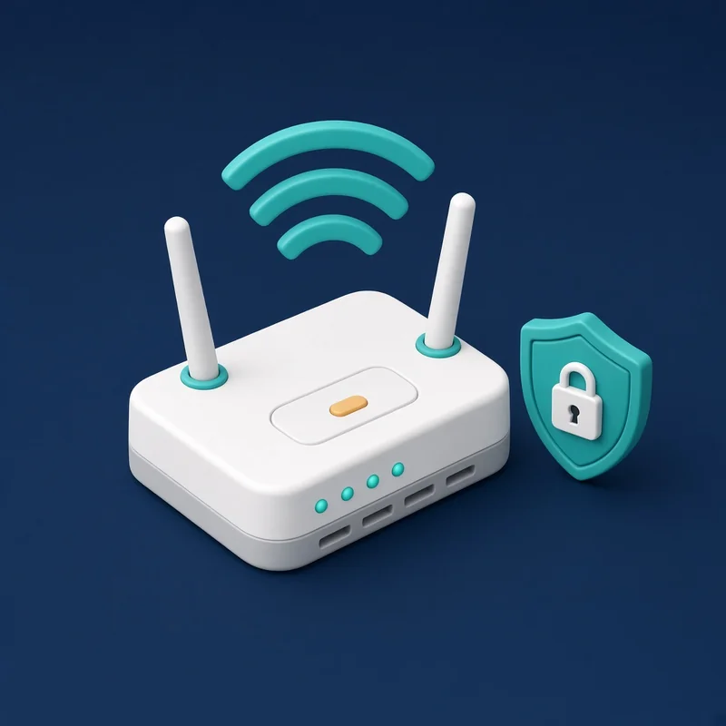KI-generierte Illustration: Weißer WLAN-Router mit zwei Antennen und türkisen WLAN-Wellen, daneben ein Schutzschild mit Vorhängeschloss als Symbol für sicheres Internet und VPN.