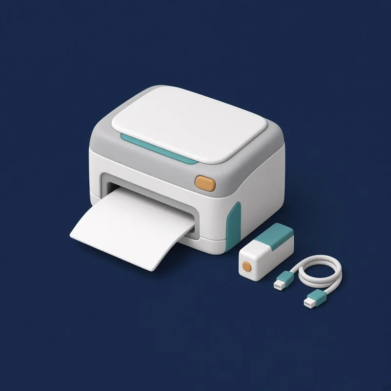 KI-generierte Illustration: Kompakter Drucker mit ausgegebenem Blatt Papier, daneben eine Tintenpatrone und ein Kabel als Zubehör.