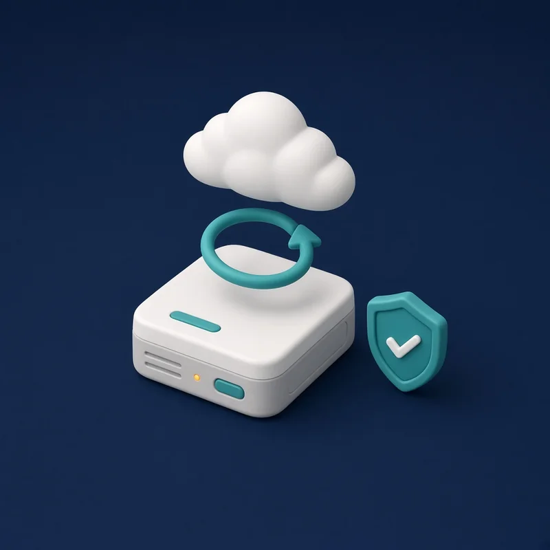 KI-generierte Illustration: Externe Festplatte mit Synchronisationspfeil und Wolke darüber, daneben ein Schutzschild mit Haken – Symbol für Datensicherung und Sicherheit.