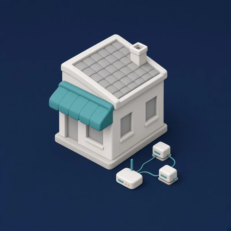 KI-generierte Illustration: Kleines Laden- und Bürogebäude mit türkiser Markise, davor ein kleines Netzwerk aus Router und zwei verbundenen Geräten – Symbol für IT-Betreuung kleiner Firmen.