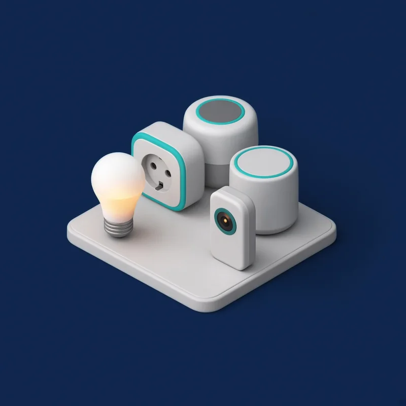 KI-generierte Illustration: Kleine Gruppe von Smart-Home-Geräten auf einer hellen Plattform – eine warm leuchtende smarte Glühbirne, eine smarte Steckdose mit türkisem Leuchtring, ein Thermostat, ein kleiner smarter Lautsprecher und eine Video-Türklingel mit Kamera.