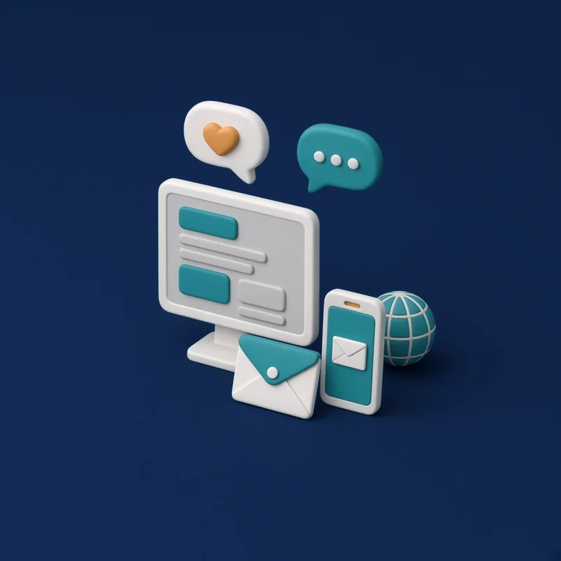 KI-generierte Illustration: Monitor mit schlichtem, abstraktem Website-Layout, davor ein Briefumschlag und ein Smartphone mit E-Mail-Symbol, daneben eine kleine Weltkugel für die eigene Domain; darüber schweben eine Sprechblase mit Herz und eine Chat-Blase als Hinweis auf Social Media.