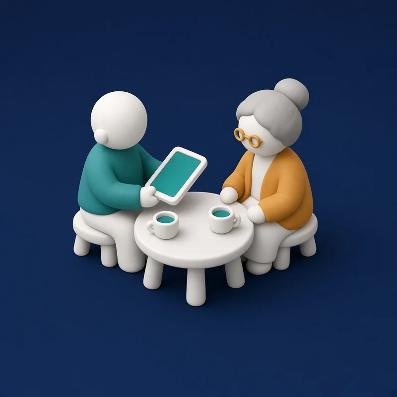 KI-generierte Illustration: Zwei stilisierte, gesichtslose Spielzeugfiguren aus Knete sitzen an einem kleinen runden Tisch mit zwei Kaffeetassen – eine Figur im türkisen Pullover zeigt einer älteren Figur mit grauem Haarknoten, Brille und Strickjacke in Ruhe ein Tablet.