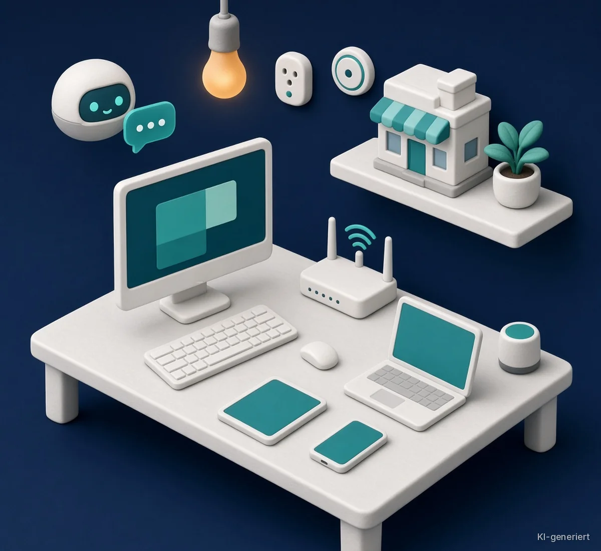 KI-generierte Illustration: Aufgeräumter Arbeitsplatz im weichen 3D-Stil auf dunkelblauem Hintergrund – Schreibtisch mit Monitor, Tastatur, Laptop, Tablet, Smartphone, WLAN-Router und smartem Lautsprecher; darüber eine warm leuchtende smarte Glühbirne, eine smarte Steckdose, ein Thermostat, ein freundlicher kleiner Roboter mit Chat-Blase und ein Wandregal mit kleinem Laden- und Bürogebäude und einer Pflanze.