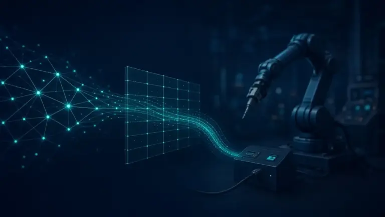 KI-generierte Illustration: Ein leuchtendes Netzwerk durchdringt eine digitale Barriere und erreicht die Steuerung eines Industrieroboters.