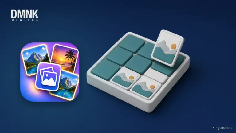 KI-generierte Illustration mit App-Icon: App-Icon von MatchMoments auf dunkelblauem Hintergrund, daneben ein Memory-Spielfeld mit verdeckten Karten und zwei aufgedeckten Karten mit gleichem Landschaftsfoto im weichen 3D-Stil.