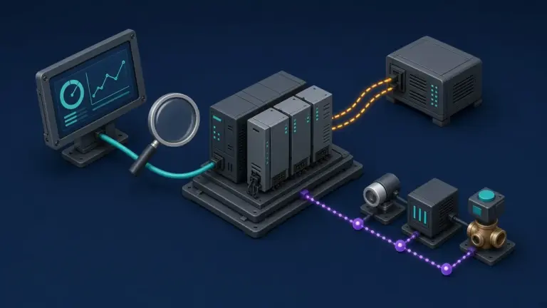 Illustration: Eine SPS ist über drei unterschiedlich gestaltete Verbindungen mit Bedienpanel, Server und Feldgeräten verbunden, eine Lupe prüft eine Verbindung – Symbol für Modbus TCP, OPC UA und Profinet