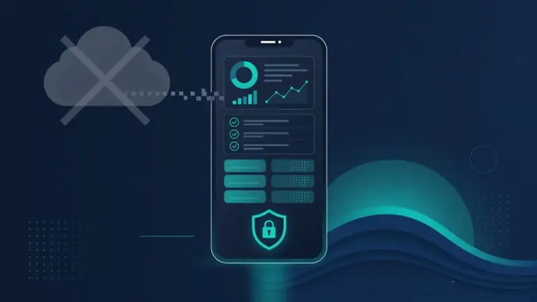 Illustration: Smartphone, dessen App-Daten mit Schloss lokal im Gerät bleiben, während eine durchgestrichene, verblasste Cloud ohne Verbindung im Hintergrund steht – Symbol für Offline-first-Apps ohne Benutzerkonto