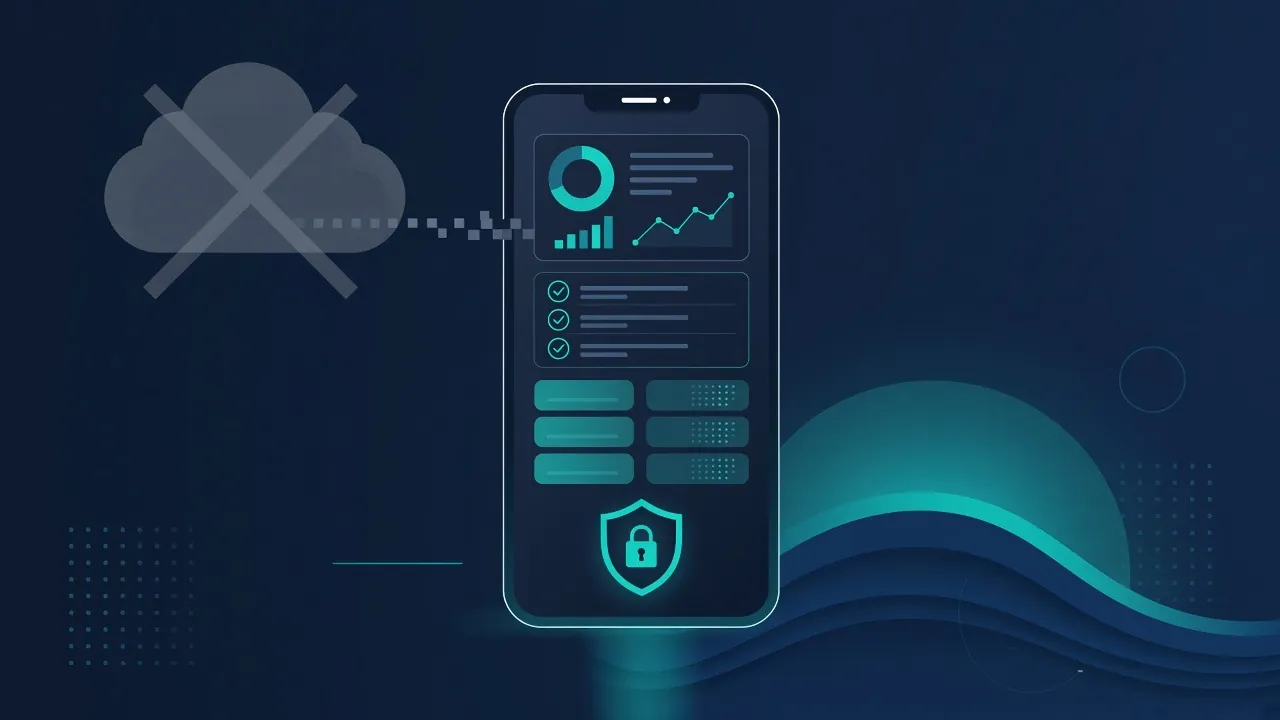 Illustration: Smartphone, dessen App-Daten mit Schloss lokal im Gerät bleiben, während eine durchgestrichene, verblasste Cloud ohne Verbindung im Hintergrund steht – Symbol für Offline-first-Apps ohne Benutzerkonto