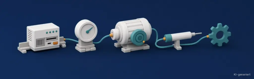KI-generierte Illustration: SPS auf Hutschiene, Messgerät mit Zeiger, Elektromotor mit türkiser Encoderscheibe, Temperaturfühler und Zahnrad, durch ein türkises Kabel verbunden, auf dunkelblauem Hintergrund – Titelbild der Kategorie Automatisierungstechnik.