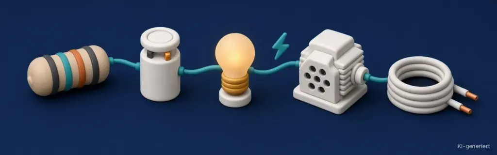 KI-generierte Illustration: Widerstand mit Farbringen, Kondensator, leuchtende Glühbirne, Motor und aufgerolltes Kabel mit Kupferenden, durch eine türkise Leitung verbunden, auf dunkelblauem Hintergrund – Titelbild der Kategorie Elektrotechnik.